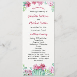 Pink Cactus Flowers Succulents Wedding Program