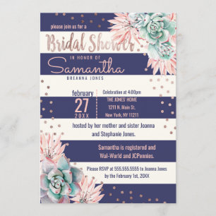 Pink Cactus Navy Stripes Rose Gold Bridal Shower Invitation