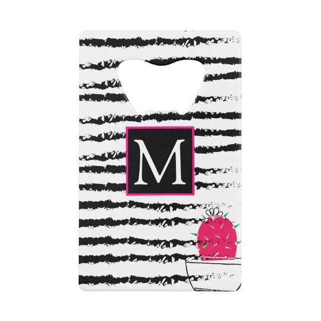 Pink Cactus striped pattern design Credit Card Bottle Opener (Front)