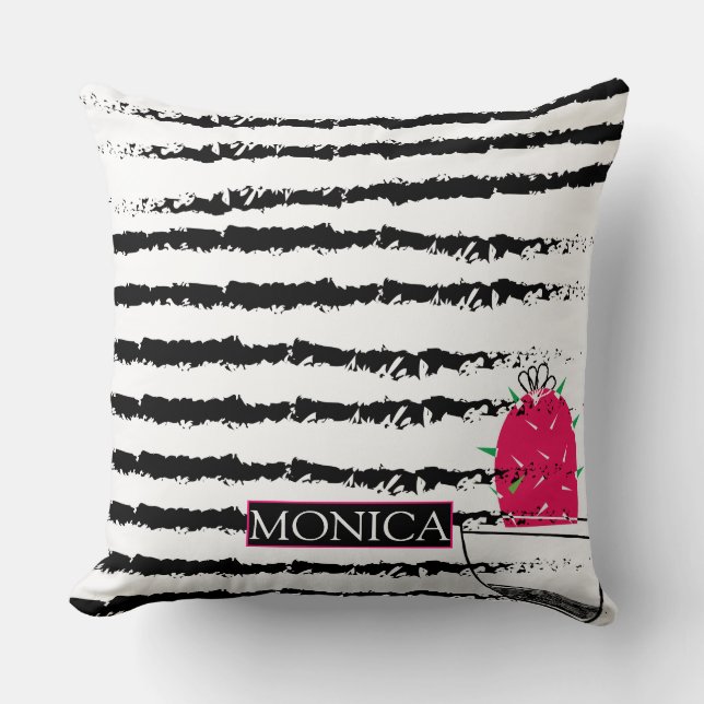 Pink Cactus striped pattern monogram Throw Pillow (Front)