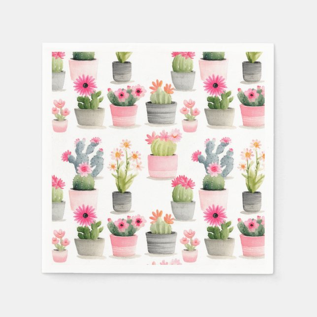 Pink Cactus Succulent Pattern Western Watercolor  Napkin (Front)