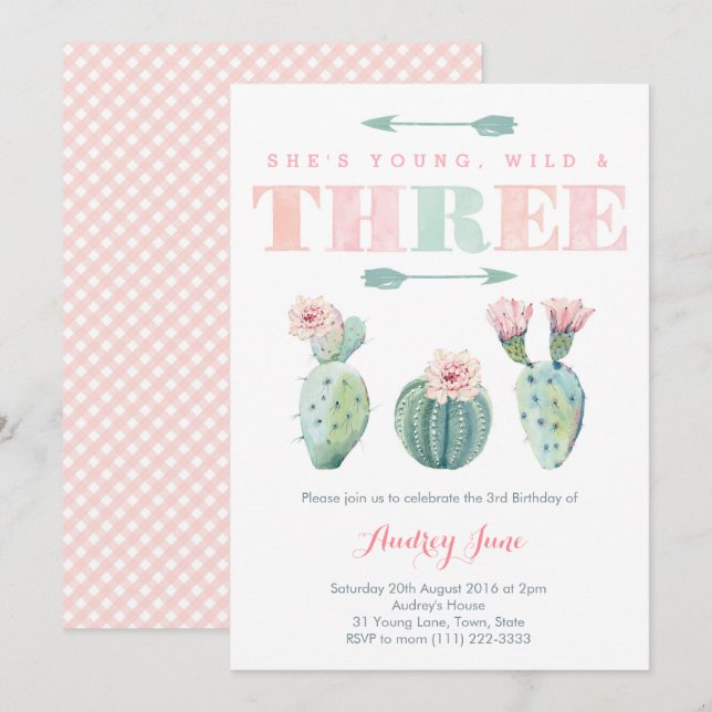 Pink Cactus Third Birthday Party Cards for Girl (Front/Back)