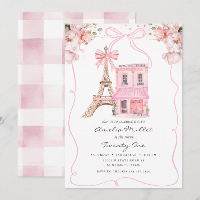 Pink Cafe Paris Bow Eiffel Tower Any Age Birthday Invitation (Front/Back)