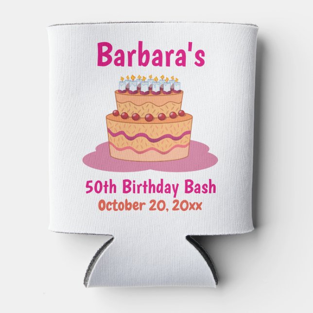 Pink Cake 50th Birthday Party Favour Can Cooler (Front)