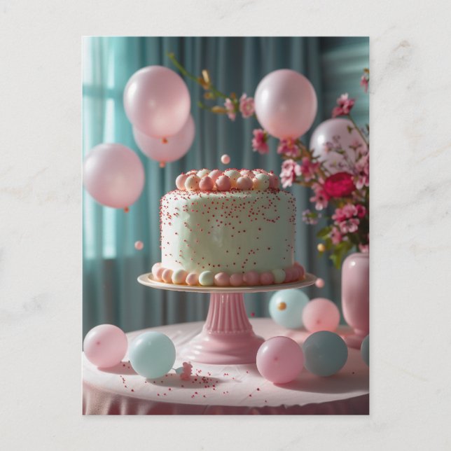 Pink Cake And Balloons Postcard (Front)