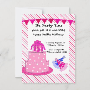 Pink Cake and Party Hats Birthday Invitation