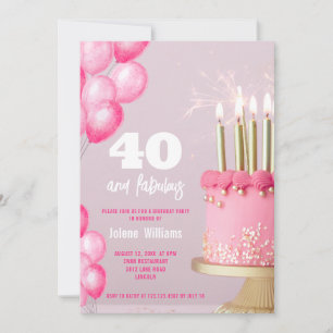 Pink cake balloons modern 40th birthday invitation