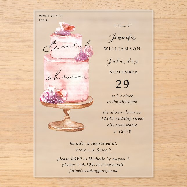 Pink Cake Bridal Shower  Acrylic Invitations (Front)