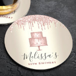 Pink cake glitter drips elegant girly gold party round paper coaster<br><div class="desc">Relax with your favourite beverage and protect your furniture with these simple, modern, girly, and stylish custom name paper coasters. A glittery, chic, rose gold 2 layer cake, elegant script typography and glitter drips overlay a faux metallic champagne gold ombre background. Personalize with the name and message of your choice....</div>