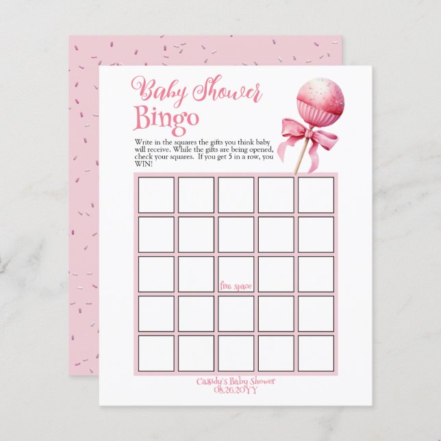 Pink Cake Pop Baby Shower Bingo Game (Front/Back)
