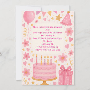 Pink Cake, Presents, Balloons, Hat Girls Birthday Invitation