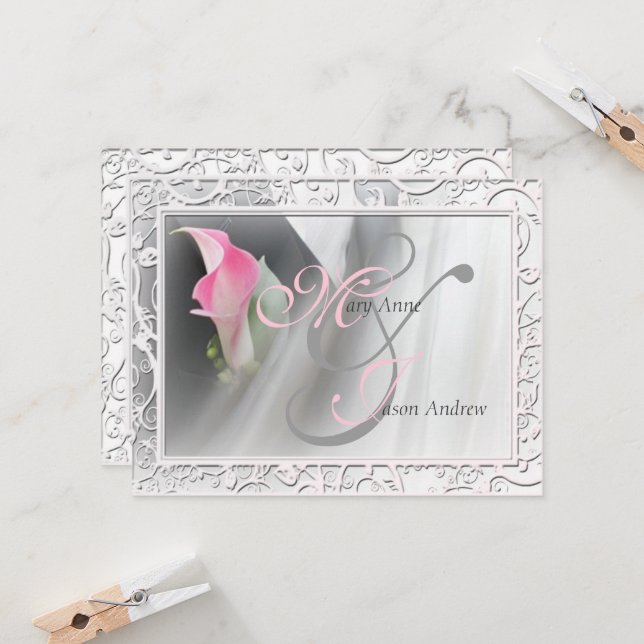 Pink Calla Lily Flourish Frame Wedding Invitation (Front/Back In Situ)