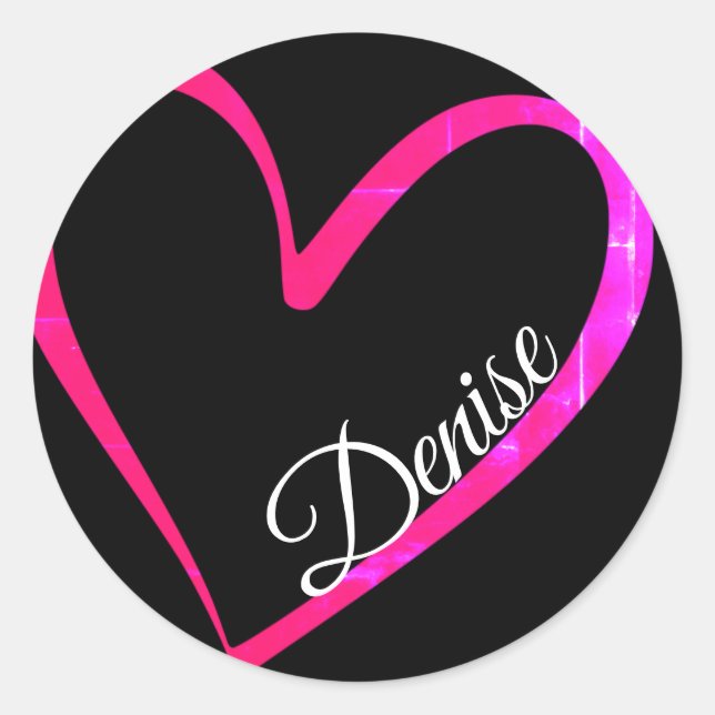 Pink Calligraphy Heart on Black Custom Name Cute Classic Round Sticker (Front)