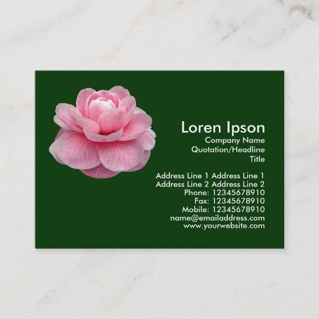 Pink Camelia - Dark Green Business Card (Front)