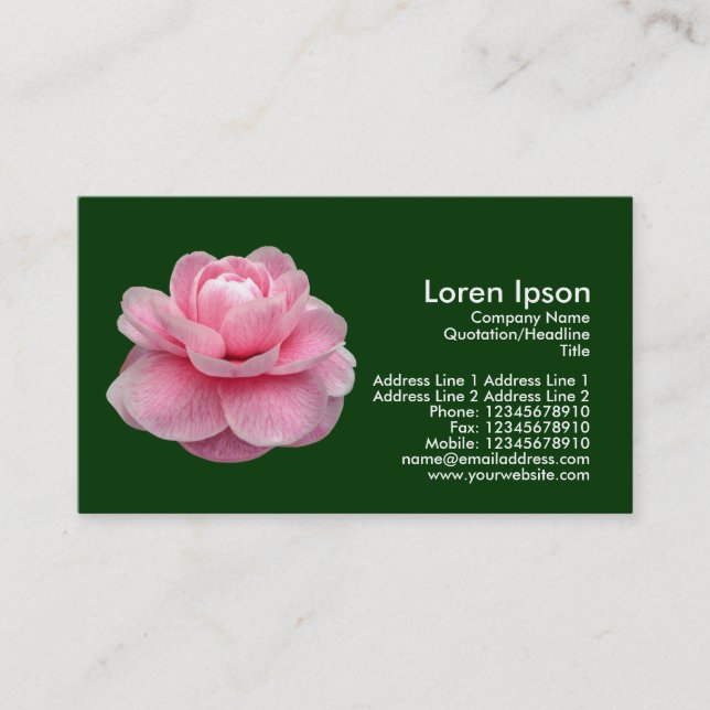 Pink Camelia - Dark Green Business Card (Front)