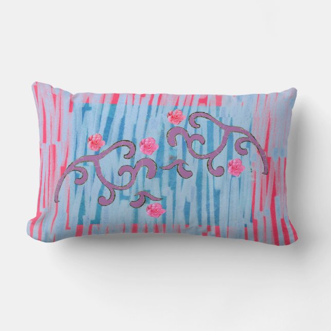 Pink Camelia & Purple Leaf Pattern Lumbar Pillow (Front)