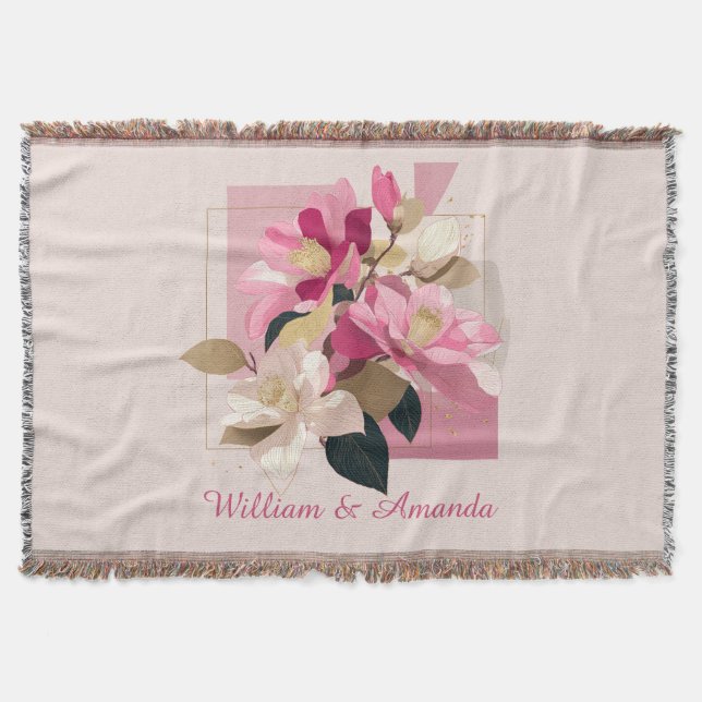 Pink Camellia Bloom Throw Blanket (Front)
