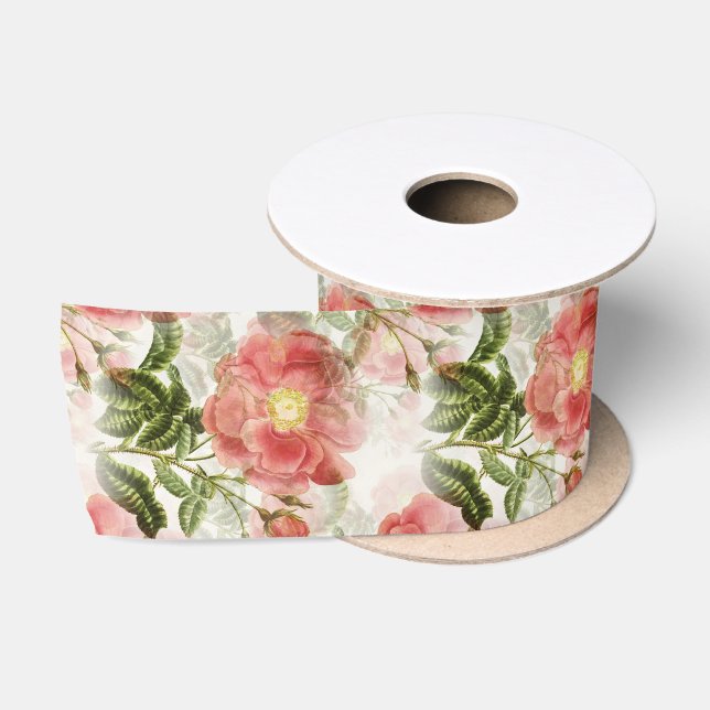 Pink Camellia Floral Pattern Satin Ribbon (Spool)