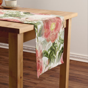 Pink Camellia Floral Pattern Short Table Runner