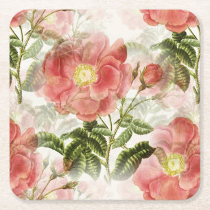 Pink Camellia Floral Pattern Square Paper Coaster