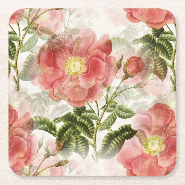 Pink Camellia Floral Pattern Square Paper Coaster (Front)