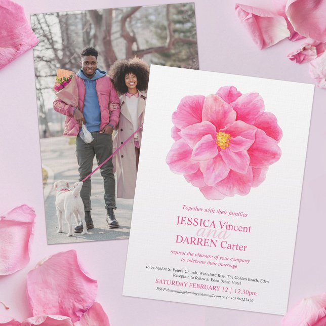 Pink camellia flower watercolor wedding photo invitation (Creator Uploaded)