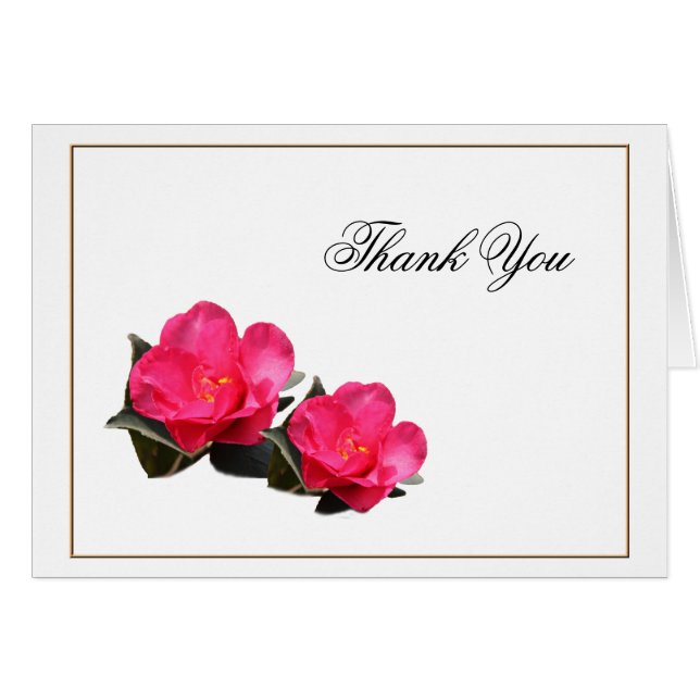 pink camellia flowers, thank you note card. (Front Horizontal)