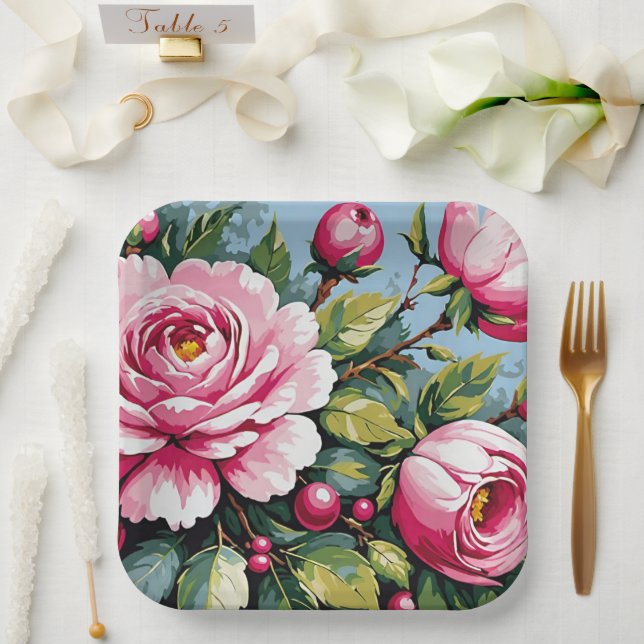 Pink Camellias And Blue Sky Paper Plate (Wedding)