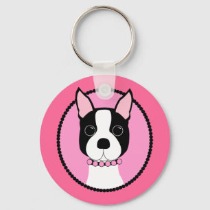 Pink Cameo Boston Terrier Keychain