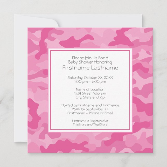 Pink Camo Baby Shower or Party Invitation (Front)