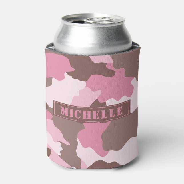 Pink Camo Girly Camouflage Monogram Name Can Cooler (Can Front)