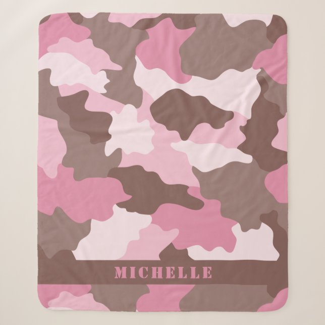 Pink Camo Girly Camouflage Monogram Name Sherpa Blanket (Front)