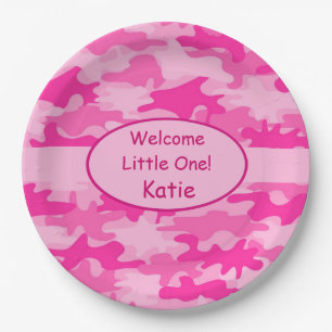 Pink Camo Name Personalized New Baby Girl Paper Plate