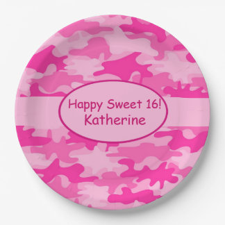 Pink Camo Name Personalized Sweet 16 Birthday Paper Plate