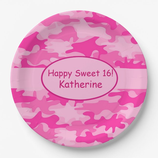 Pink Camo Name Personalized Sweet 16 Birthday Paper Plate (Front)