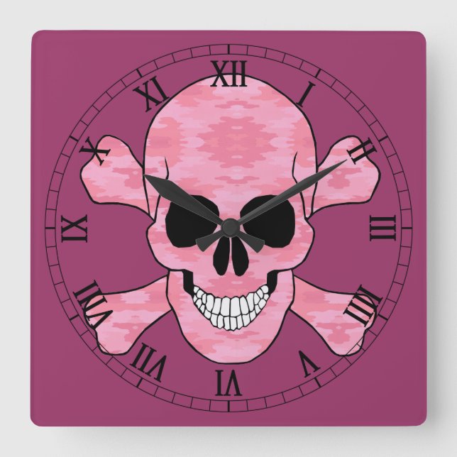 Pink Camo Skull And Crossbones Roman Numeral Clock (Front)
