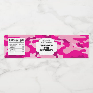 Pink Camouflage birthday party military army camo Water Bottle Label