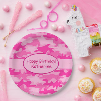 Pink Camouflage Happy Birthday Name Personalized Paper Plate