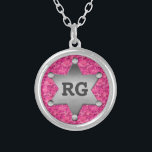 Pink Camouflage Pattern Sheriff Badge Monogram Silver Plated Necklace<br><div class="desc">This customizable camo pattern necklace design has a faux metal sheriff badge with space for you to add your monogram / initials or other text. The camouflage is in shades of pink and purple. It's a girly design for a woman in the military, a veteran, a woman in law enforcement,...</div>