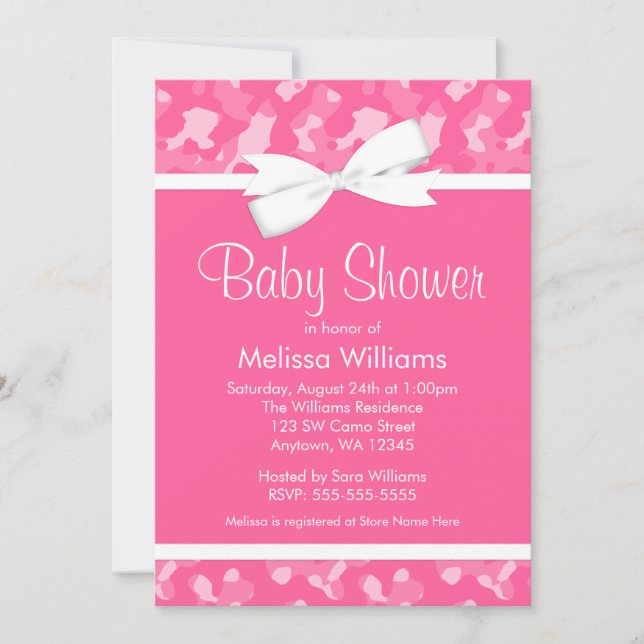 Pink Camouflage Printed Bow Baby Shower Invitation (Front)