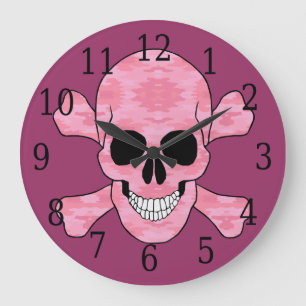 Pink Camouflage Skull And Crossbones Clock