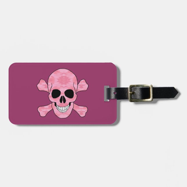 Pink Camouflage Skull And Crossbones Luggage Tag (Front Horizontal)