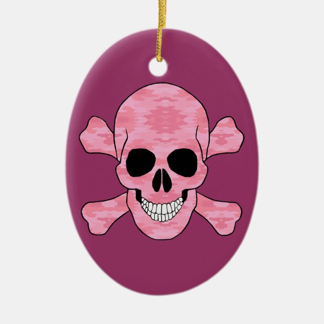 Pink Camouflage Skull And Crossbones Oval Ornament (Front)