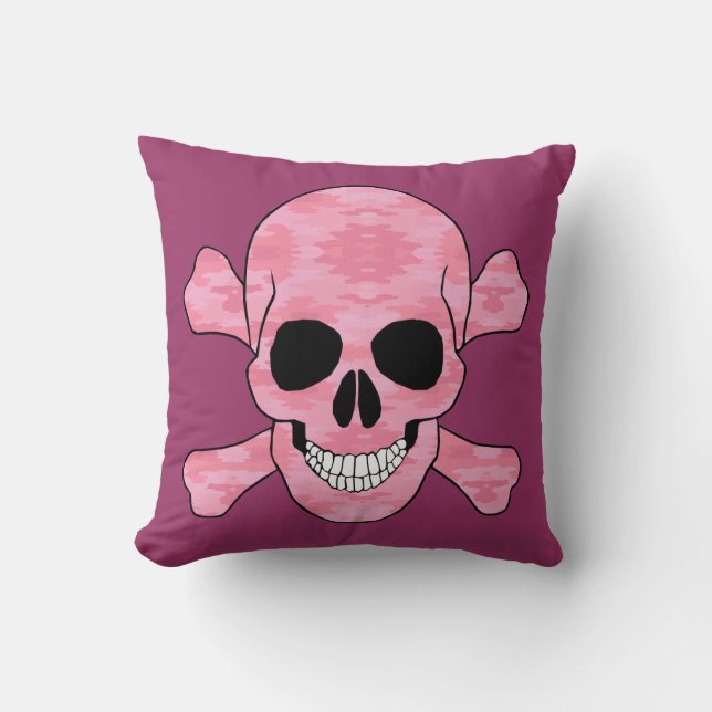 Pink Camouflage Skull And Crossbones Throw Pillow (Front)