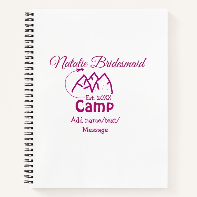 Pink camp bridesmaid add name date year bacheloret notebook (Front)