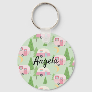 Pink Campers Adorable Woods Camping Pattern Keychain