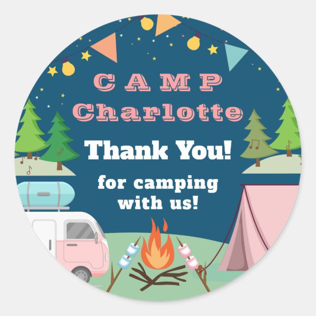 Pink Camping Birthday Party Thank You Classic Round Sticker (Front)
