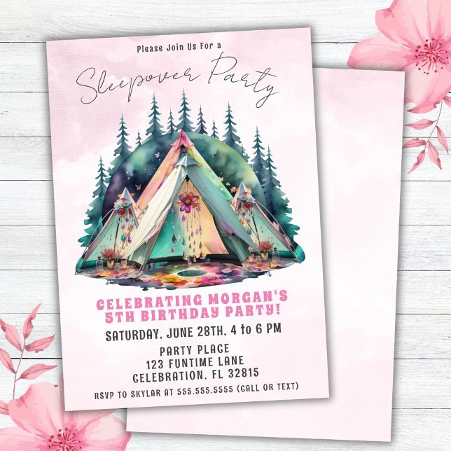 Pink Camping Sleepover Birthday Party Invitation (Creator Uploaded)