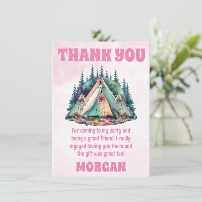 Pink Camping Sleepover Party Thank You Card (Standing Front)