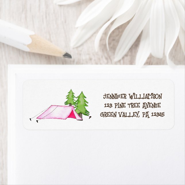 Pink Camping Tent and Pine Trees Return Address (Insitu)